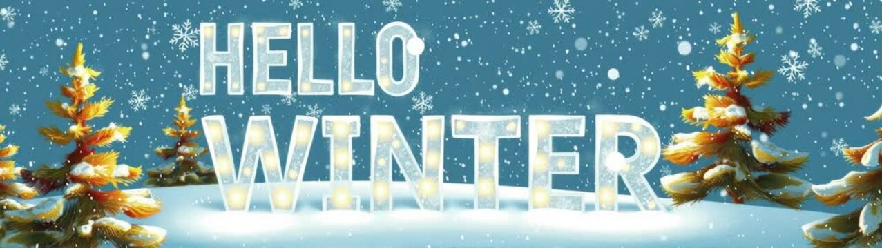 Picture of a winter scene with a hello winter sign