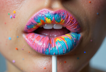 Close-up of lips with colorful, dripping paint and sprinkles, holding a lollipop stick