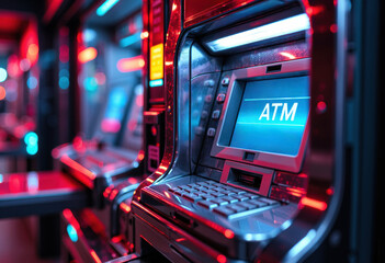 Modern ATM machine with illuminated screen and keypad in a row of banking terminals
