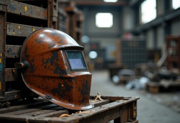 Rusty welding helmet resting on a wooden crate in an industrial setting