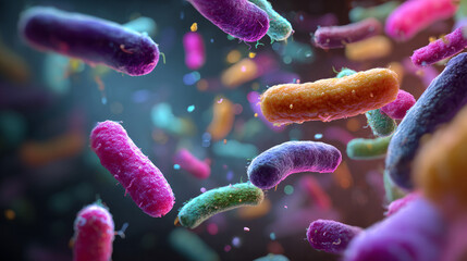 Both beneficial and harmful gut microorganisms are colourful. digestive system bacteria, microbiome-healthy gut bacteria, and 3D rendering
