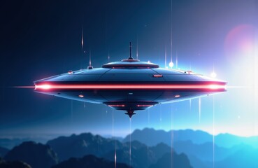 Futuristic spaceship flying above mountain landscape with vibrant lighting effects