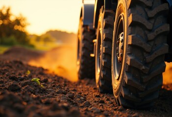 Heavy-duty tires driving on rough dirt terrain during sunset