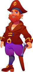 Cartoon groovy pirate character with red beard, tricorn hat with skull, gold earring, wooden leg and pistol. Funny vector cheerful corsair captain personage with happy smile and swashbuckler vibe