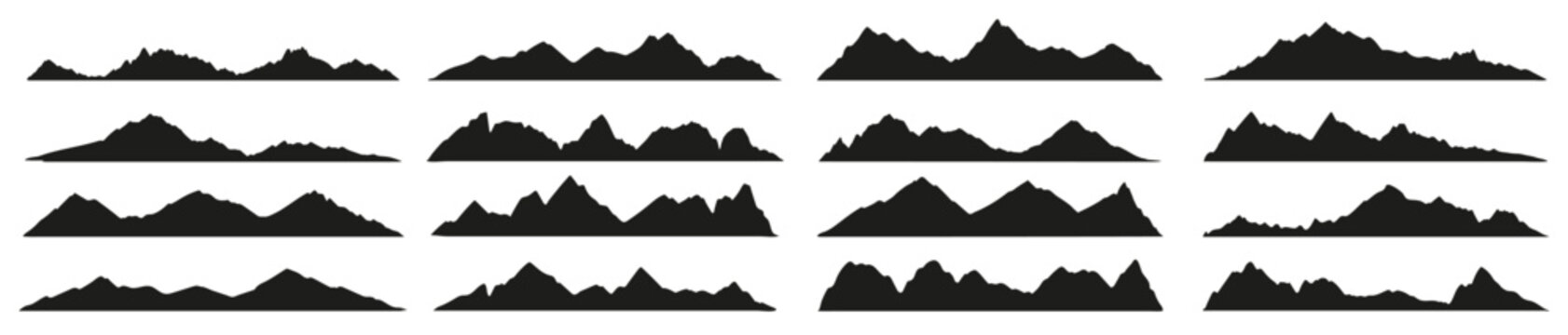 Mountain range silhouettes, black rocky landscape shapes. Isolated vector range of hills, monochrome ridges. Alps with summit peaks set of elements for adventure, rocks climbing, travel and hiking