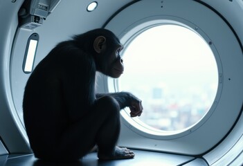 A contemplative chimpanzee gazes out of a circular window