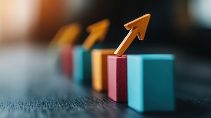 A dynamic representation of colorful blocks with upward arrows, symbolizing growth, progress, and success in creative business concepts and personal development towards goals.