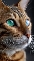 A Bengal cat presents a mesmerizing close up. The stunning heterochromia results in different colored eyes, one green, one blue, creating a captivating and unusual gaze