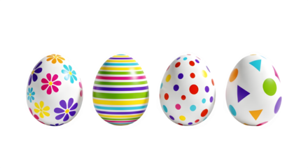 Vibrant Easter Eggs with Floral Stripes Geometric Designs Spring Holiday Decorations Festive Celebration Colorful Patterns, transparent background