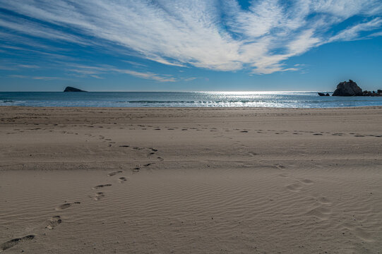 View of the Mediterranean Sea from Cala de Finestrat beach, with Benidorm Island in the background, Spain