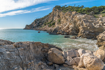 Fototapeta premium View of the Mediterranean Sea from the beach of Cala de Finestrat, Spain