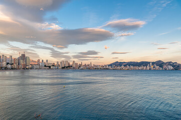 Sunset view of modern buildings in front of Poniente Beach in Benidorm, Spain