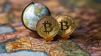 Two bitcoin coins and a globe on a vintage map showing north america and the united states of america