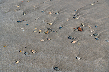 Small stones on the sand of a beach
