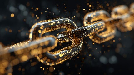 A close up of a metallic chain link with binary code and golden particles on a dark blurred background