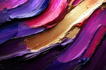 Bold strokes of purple, pink, and gold paint create a vibrant and textured abstract artwork.