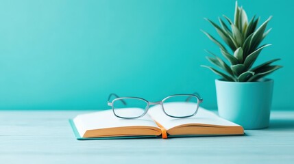A serene composition featuring an open book alongside glasses and a small green plant, embodying the essence of knowledge, tranquility, and the aesthetic of learning.