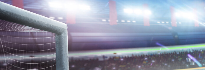 Sports background. Professional sports background for advertisement. Arena full of cheering fans. Outdoor stadium. Festive background concept. Panorama