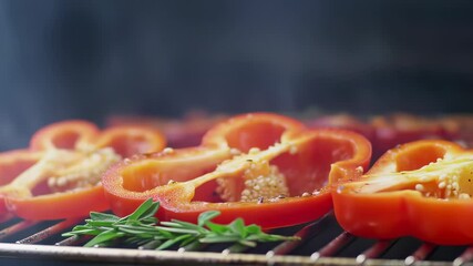 Sliced red bell peppers and a fresh rosemary sprig sizzle on a smoky barbecue. This detailed close-up shot captures the vegetables cooking, with visible seeds and rising smoke, ideal for food content. - Powered by Adobe