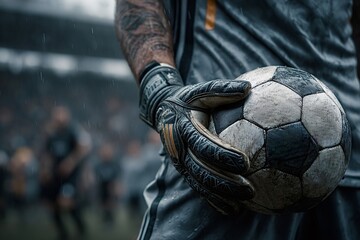 Soccer goalkeeper wearing gloves, gripping a wet ball while rain pours down during an intense match, with blurred players competing in the background on the field