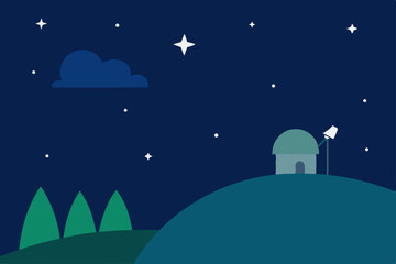 Naklejka premium A festive Christmas night winter landscape featuring a snow-covered house, illuminated trees, and a starry sky with a bright moon over a peaceful mountain village illustration