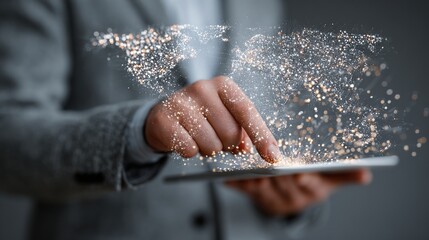 A person in a suit using a tablet with a digital world map overlayed on the screen and their finger