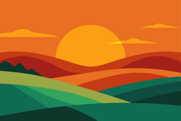 Obraz premium Mountain landscape at sunset with a vibrant sky, green meadows, and sunlit hills