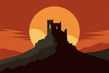Obraz premium A vector silhouette of a medieval castle against a vibrant orange sunset sky with a city skyline and church towers