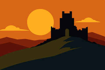 A stunning silhouette of a castle against a vibrant sunset sky, with the city skyline and clouds in the evening landscape
