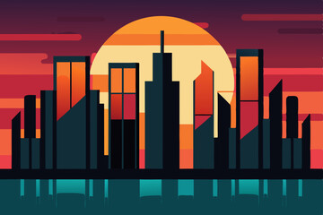 Fototapeta premium Vibrant urban skyline at night with a financial growth bar chart illustration