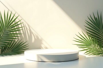 Floating matte-gray circular podium with five tropical palm leaves, pure creamy background, summer vibes