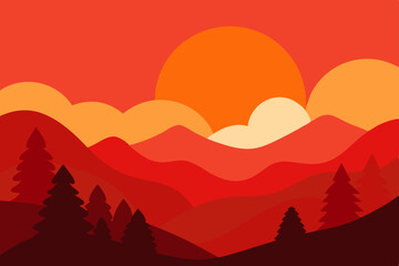 Red heart vector illustration nestled in a serene mountain landscape at sunset with a cloudy sky