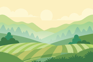 Obraz premium A vibrant summer landscape featuring green hills and towering mountains under a bright sky with fluffy clouds