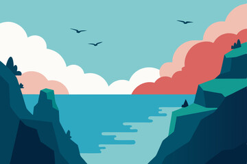 Vector landscape illustration of a man's silhouette on a mountain, beach, or cliff at sunset or sunrise with clouds, sky, and water