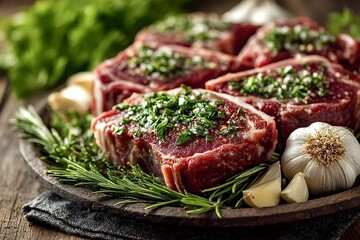 Raw lamb steaks, seasoned with chopped garlic, fresh rosemary, and salt, resting on a rustic wooden platter, perfectly prepared for grilling and ready to create a delicious meal