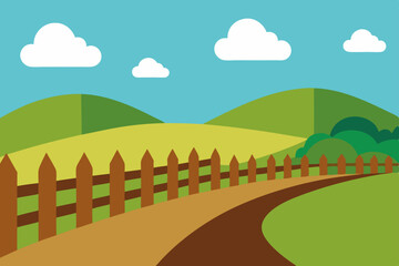 Obraz premium Cartoon illustration of a summer landscape with green trees, a road winding through a forest, grassy fields, and rolling hills under a blue sky with clouds