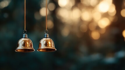 Obraz premium Two beautifully crafted bell chimes hang gracefully against a softly lit backdrop, creating an atmosphere of calmness and musical serenity that captivates the viewer.