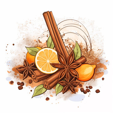Warm Spice Blend Illustration, Cinnamon Sticks and Star Anise with Citrus