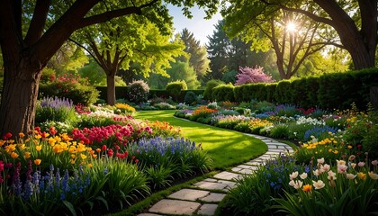 Fototapeta premium A lush garden path lined with vibrant flowers blooms under a canopy of sun-dappled spring foliage.