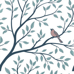 Tree branches and leaves seamless pattern for surface design and other design projects. Line art style drawing with small leaves in watercolor