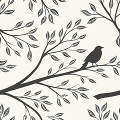 Tree branches and leaves seamless pattern for surface design and other design projects. Line art style drawing with small leaves in watercolor