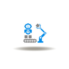 Vector illustration of robot (cyborg, drone) and conveyor line belt with products and robotic manipulator. Symbol of industrial automation process improvement. Icon of industry AI technology.