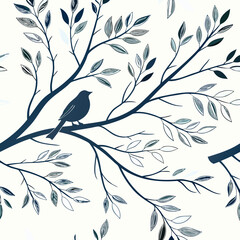 Tree branches and leaves seamless pattern for surface design and other design projects. Line art style drawing with small leaves in watercolor