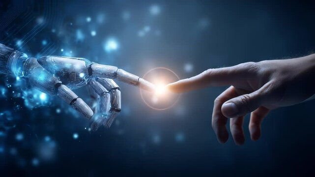 A human hand reaches out to touch a robotic hand with glowing connection, symbolizing human-AI interaction, future technology, and the merging of humanity with artificial intelligence - Powered by Adobe