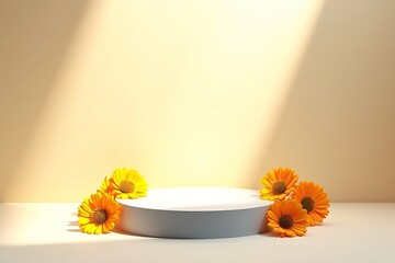 Gray circular podium encircled by five vivid marigold blossoms, pure creamy background, summer vibes podium