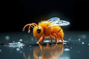Close-up of a cute cartoonish bee made of glistening water droplets with delicate translucent wings