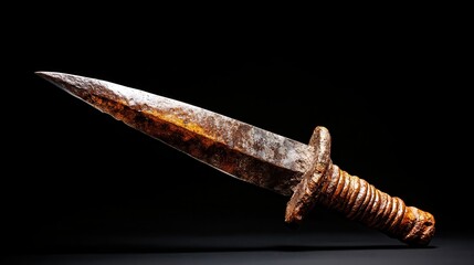 An evocative image of a rusty dagger lying on a solid black background, symbolizing history, decay, and the passage of time, evoking a sense of intrigue and mystery.