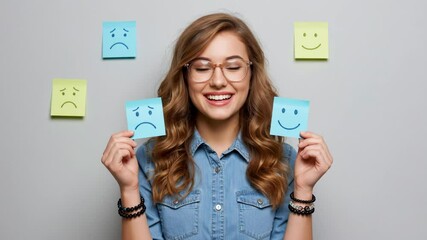 Smiling young woman holding happy and sad emoticon sticky notes, representing emotional intelligence, mood, mental health awareness, and understanding different feelings