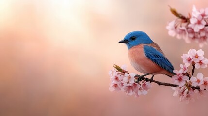Fototapeta premium A vibrant blue bird sits elegantly on a cherry blossom branch, beautifully depicting the connection between nature, color, and the essence of spring.