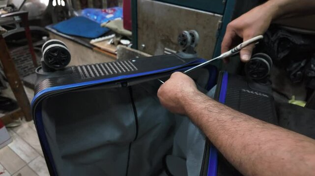 A craftsman in his workshop carefully repairs a broken suitcase zipper. A close-up on the skilled trade of luggage repair and sustainability.